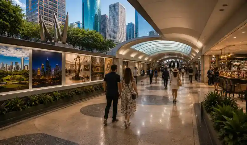 Visitors exploring Houston's Downtown Tunnel System with shops, cafés, and convenient access to downtown attractions.